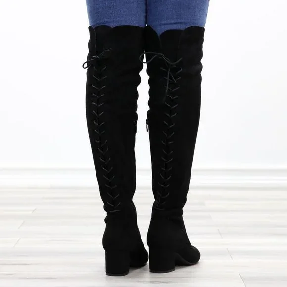 Low Heel Thigh High Boots Faux Suede Back Womens Lace Up Black Above The Knee - Picture 5 of 15